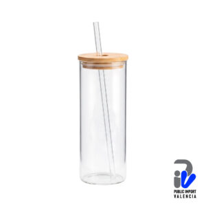 Vaso de Vidrio Transparente de 690 ml (24 oz) con Tapa de Bambú y Pitillo